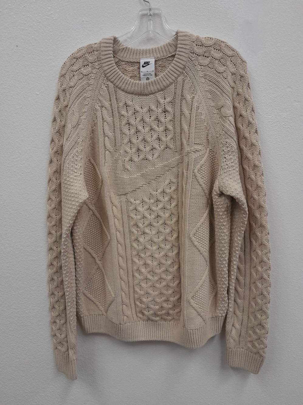 Nike Beige Cable-Knit Cotton Pullover Sweater Crew Neck Long Sleeve Men’s Medium